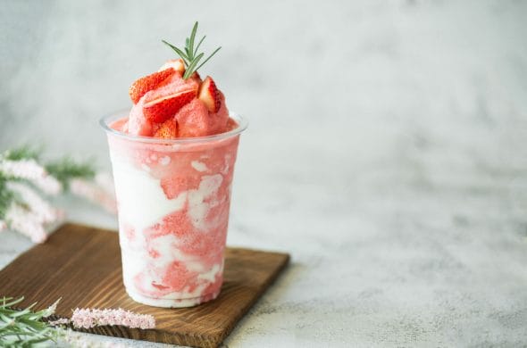 closeup fresh strawberry milkshake smoothie fresh strawberries topping stone table background healthy food summer drink concept