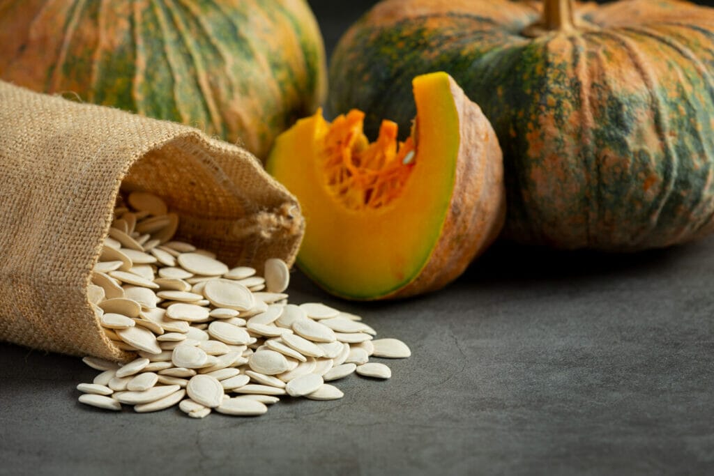 เปิดประโยชน์จากโปรตีนพืช 6 ชนิด 7 pumpkin seeds were poured from sack ground