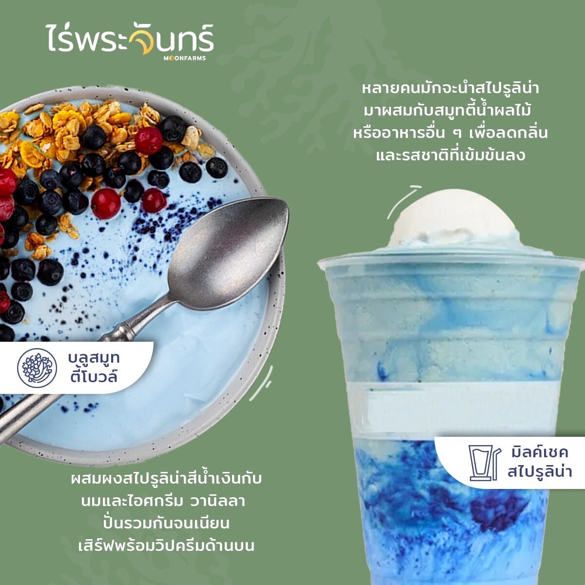 ผงสาหร่ายสไปรูลิน่า สไปรูลิน่า สาหร่ายสไปรูลิน่า Spirulina Powder ไร่พระจันทร์ moonfarms